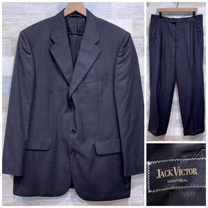 Jack Victor Wool Windowpane Suit Charcoal Gray Mens 42R 36x29 Pleated Pants